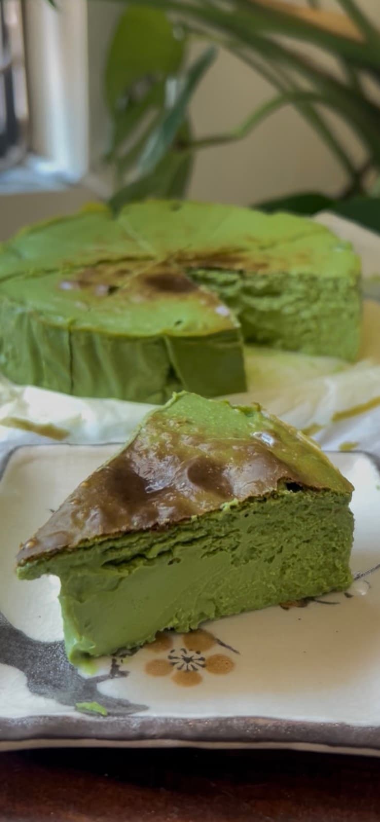 A slice of matcha basque cheesecake at Bien Cafe
