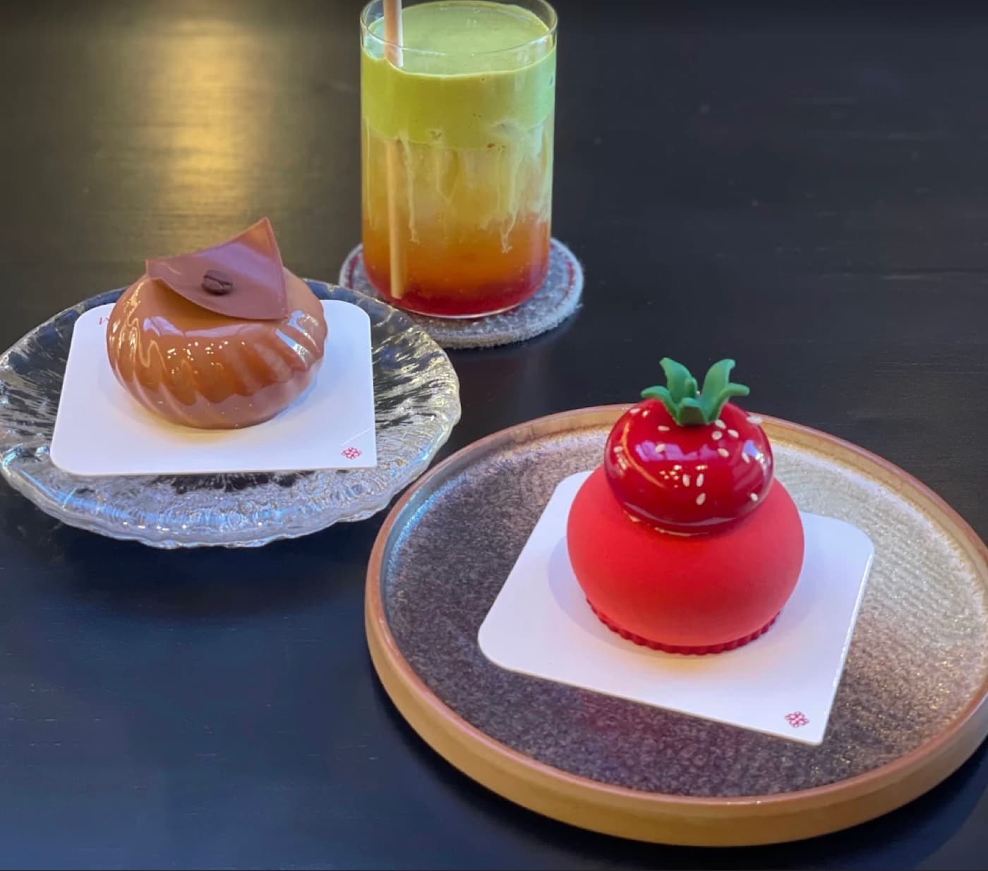Bloom mirror-glaze entremets on the counter