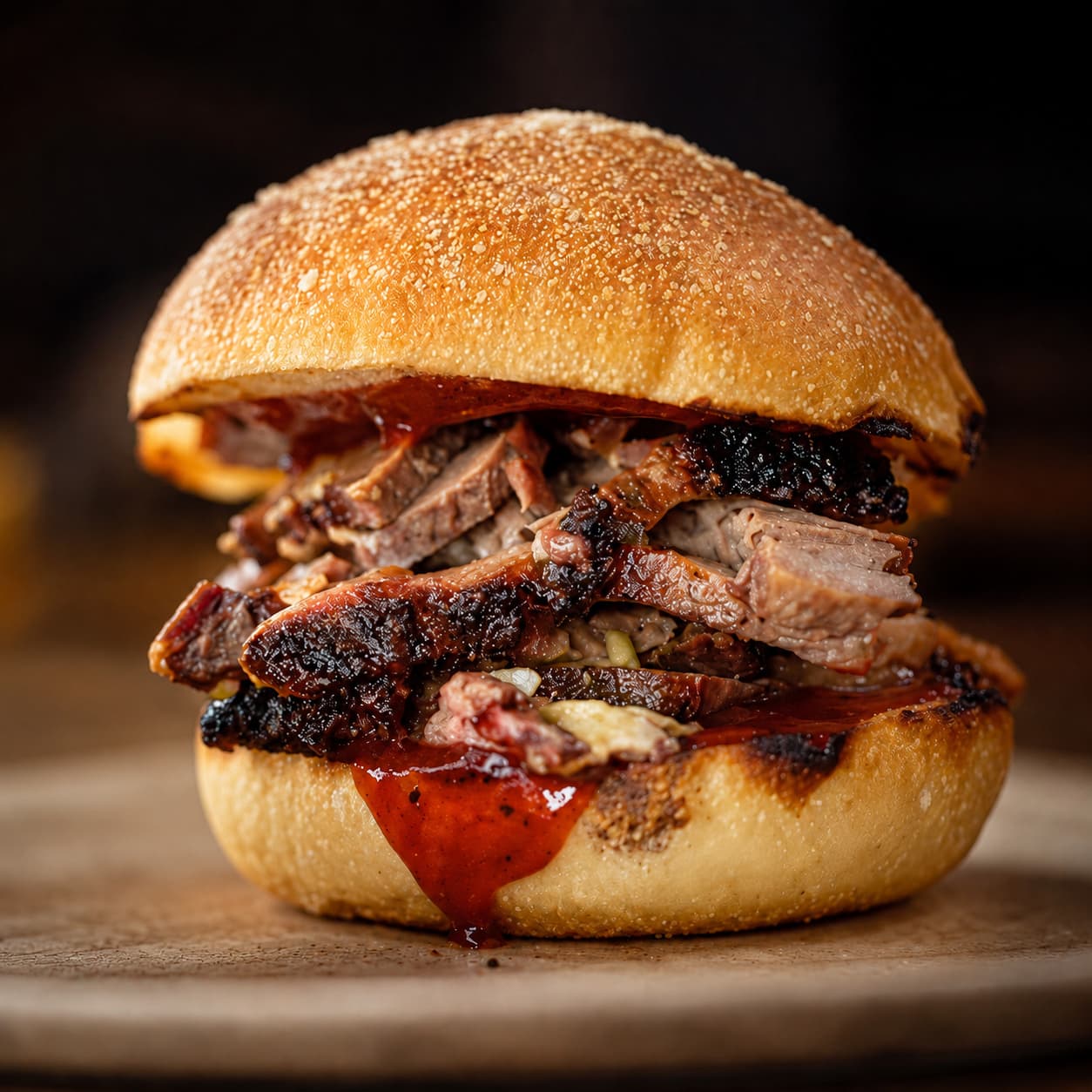 A brisket sandwich at Dirty Fingers in Da Nang, thick slices of smoked beef with dark bark and sauce running onto the bun