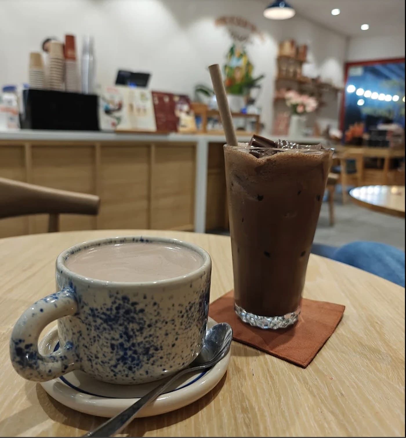 Heyday Cacao Station, hot and iced on the table