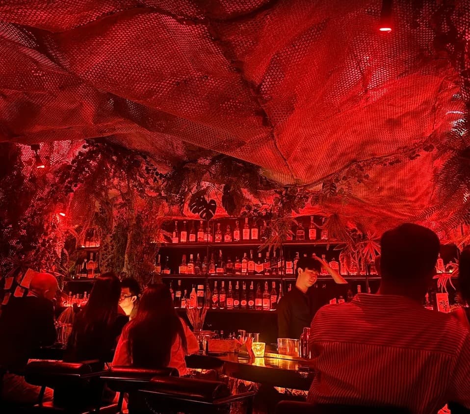 The bar at Ket High Cocktail Bar under red light, with draped mesh above, ferns and shelves of bottles