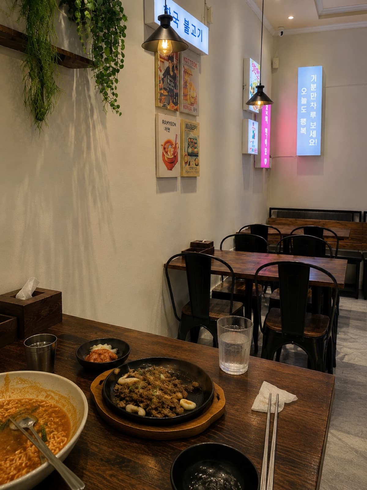 Wooden tables and Korean neon signs inside Mr Lee