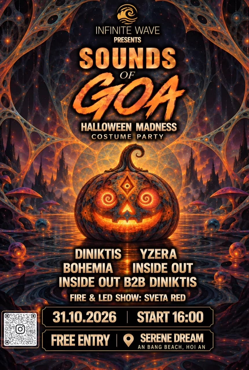 The Sounds of Goa Halloween Madness costume party poster: a glowing pumpkin, the date, the time and the place